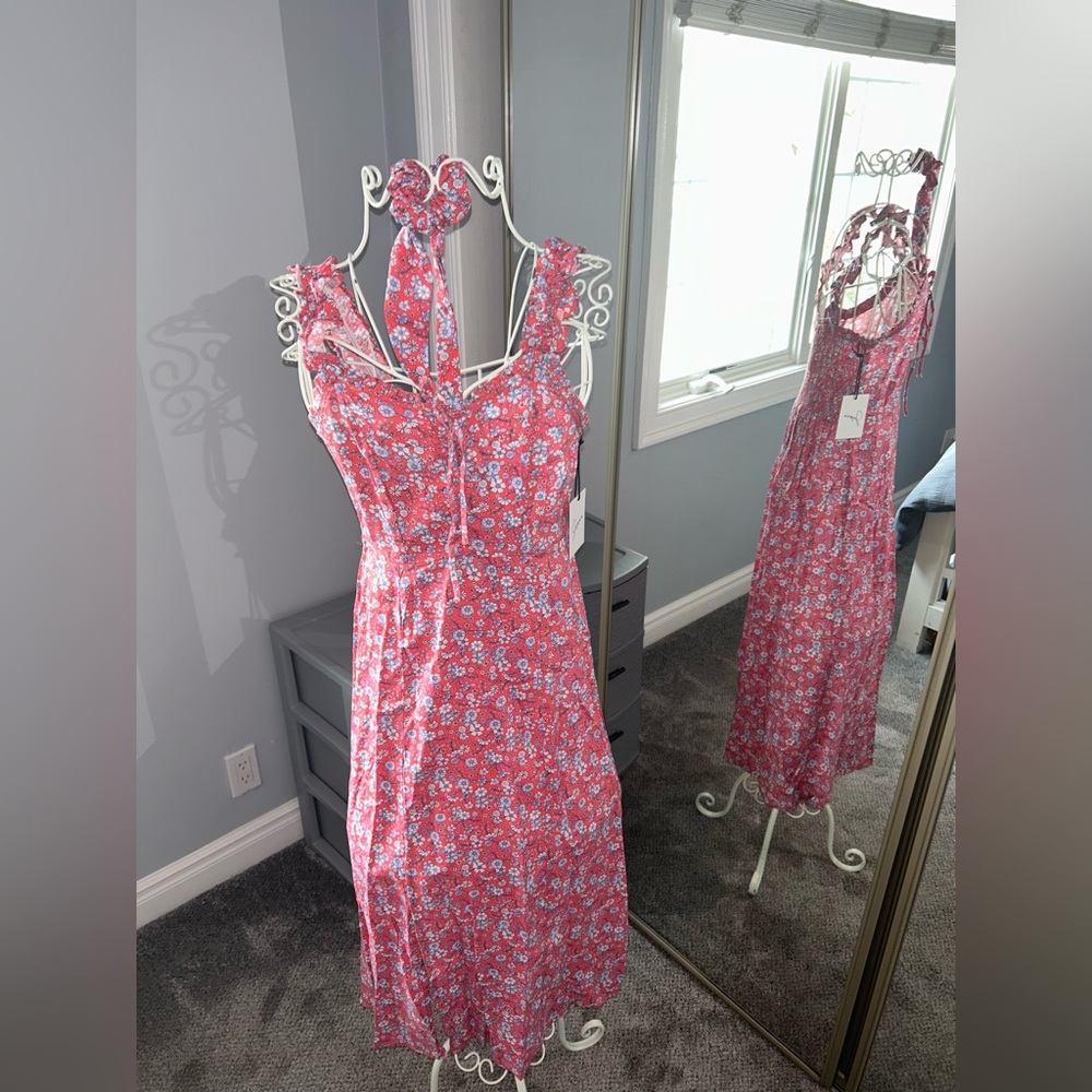 Pink and blue floral midi dress with matching hair tie